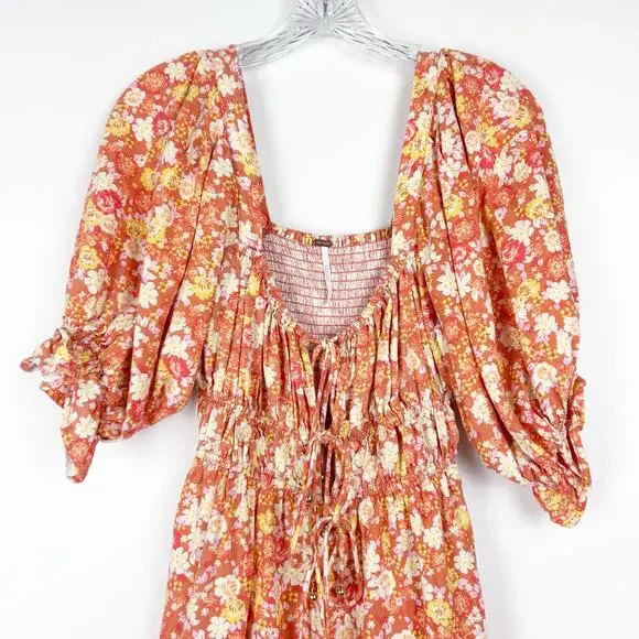 Free People Show Me Love Romper Orange Floral Puff Sleeve Smocked Womens Size S - Picture 5 of 14